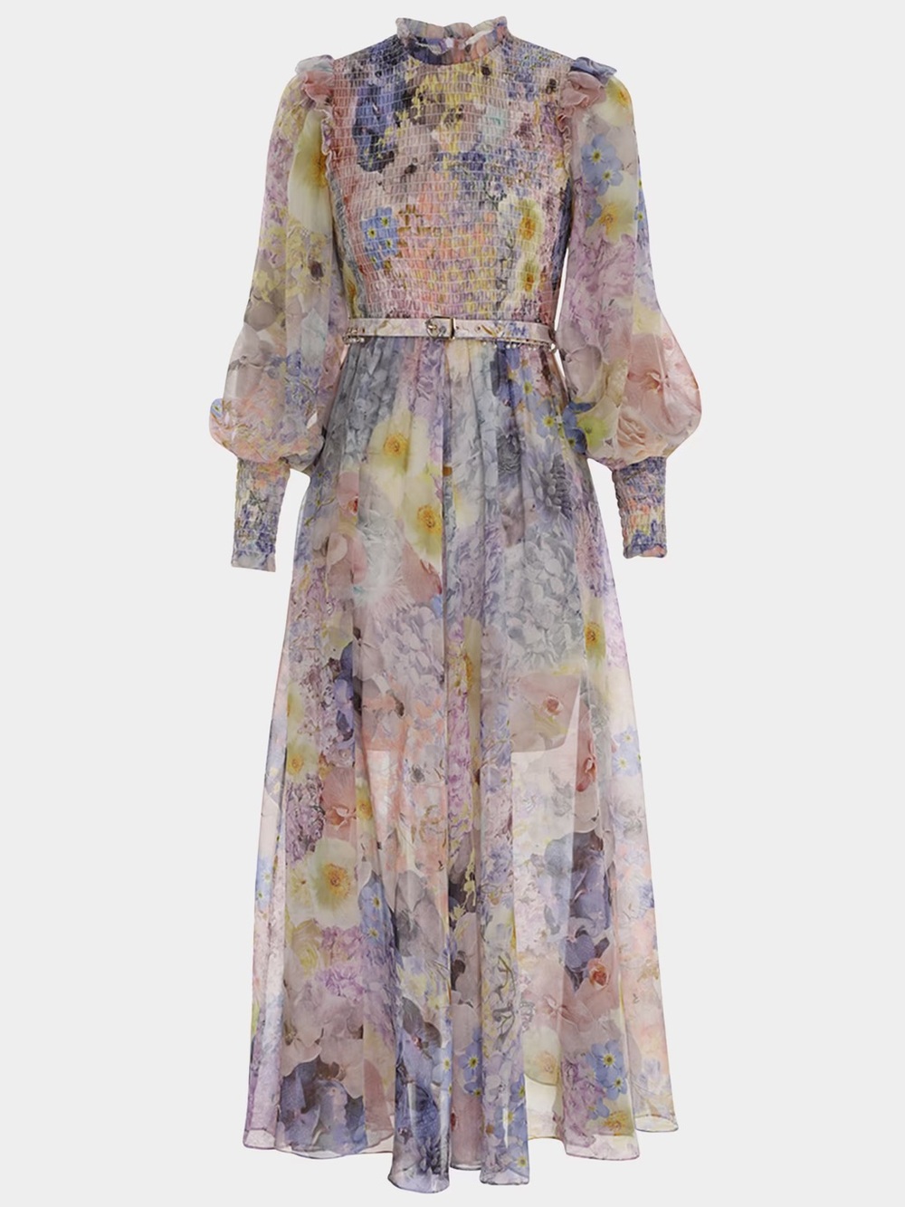 Zimmermann Rythmic Shirred Lavender Floral Chiffon Midi Dress Size AU2 / US 8